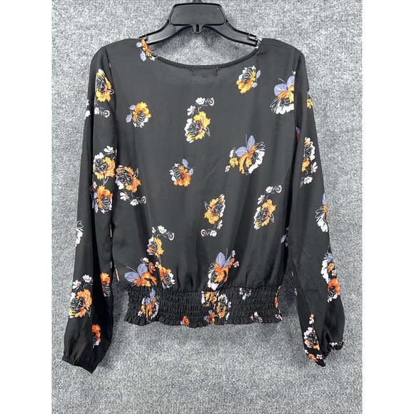 Socialite Blouse Women's Sz S Floral Wrap Black Long‎ Sleeve Elastic Chiffon Top - Picture 6 of 10